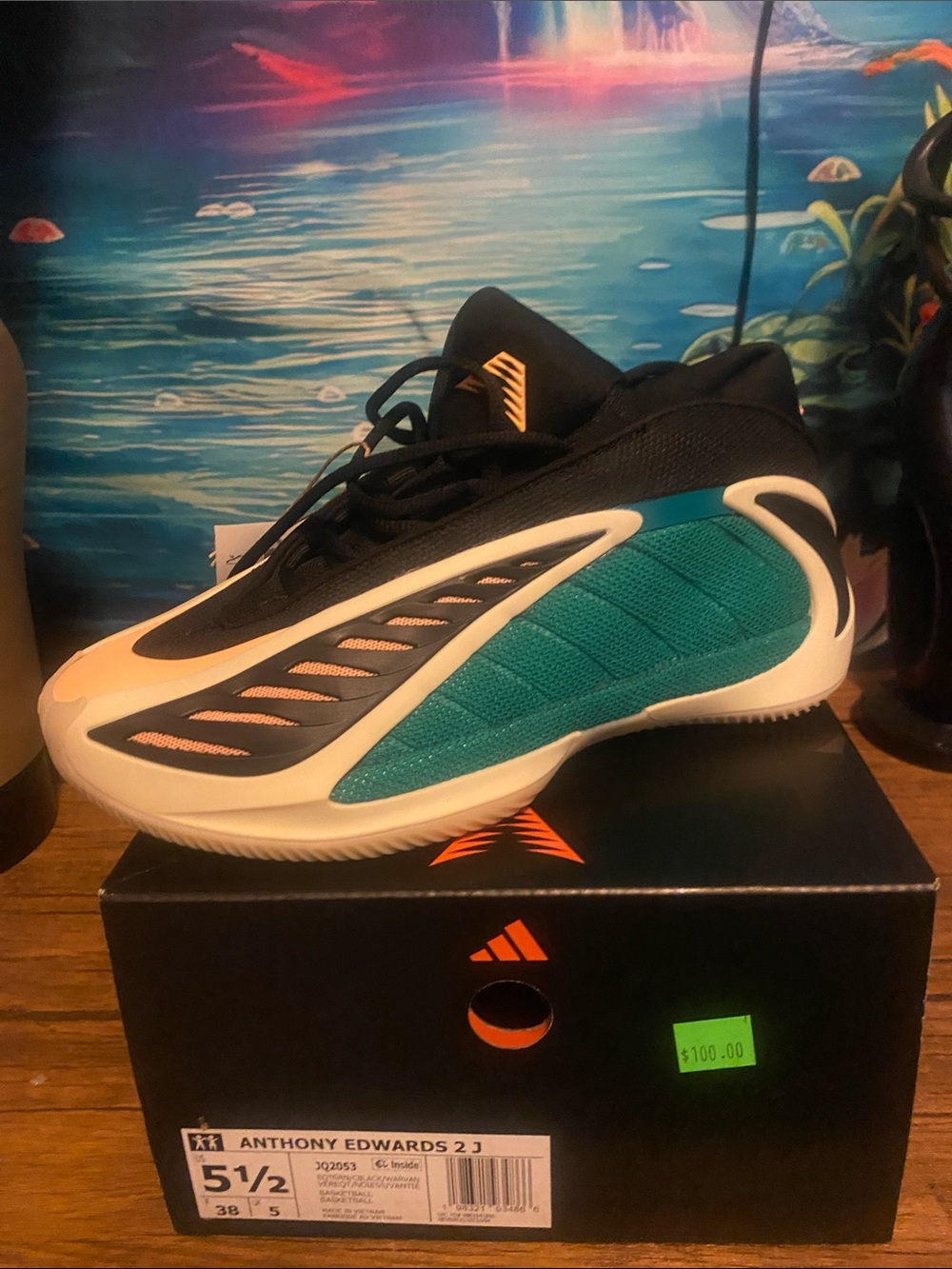 adidas Anthony Edwards 2 Basketball Shoes in Teal, Black & Cream